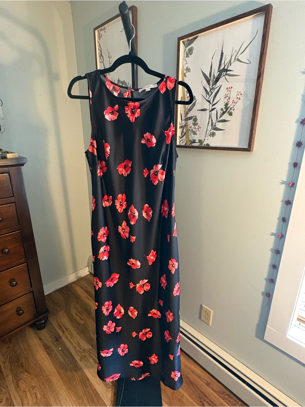 LOFT Black Satin Slip Dress with Red Floral Print.